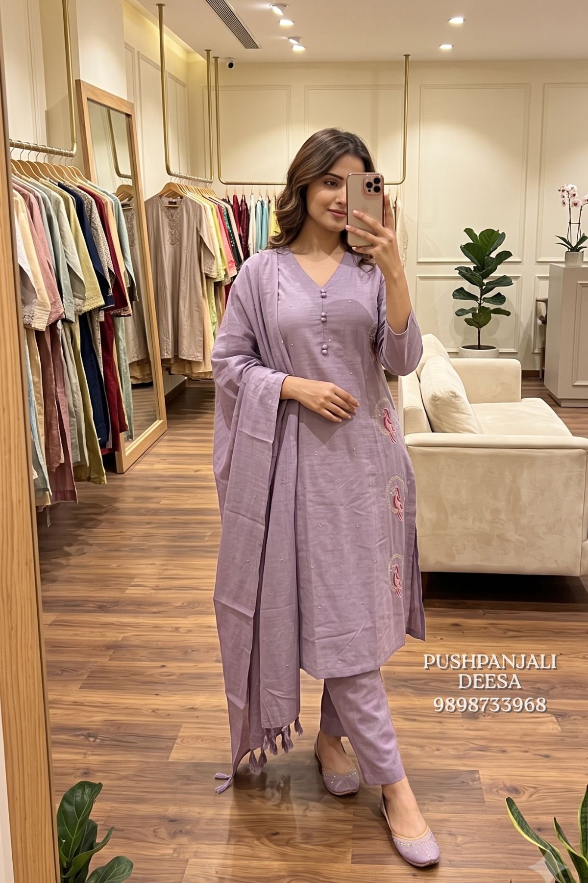 Cotton Lavender Embroidered Kurta Set