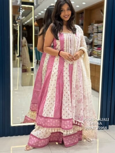 Pink & White Printed Embroidered Kurta Pant Dupatta Set