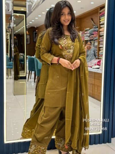 Olive Green Pure Cotton Embroidered Farshi Salwar Suit Set