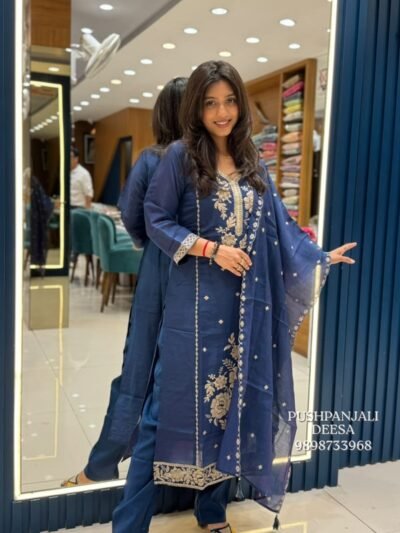 Navy Blue Mul Chanderi Embroidered Suit Set
