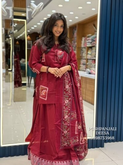 Maroon Pure Cotton Embroidered Skirt Set