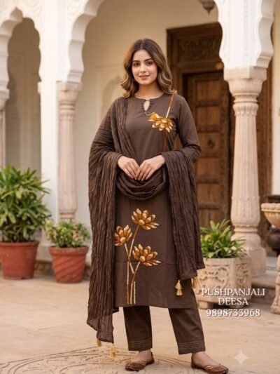 Chocolate Brown Floral Embroidered 3-Piece Suit Set
