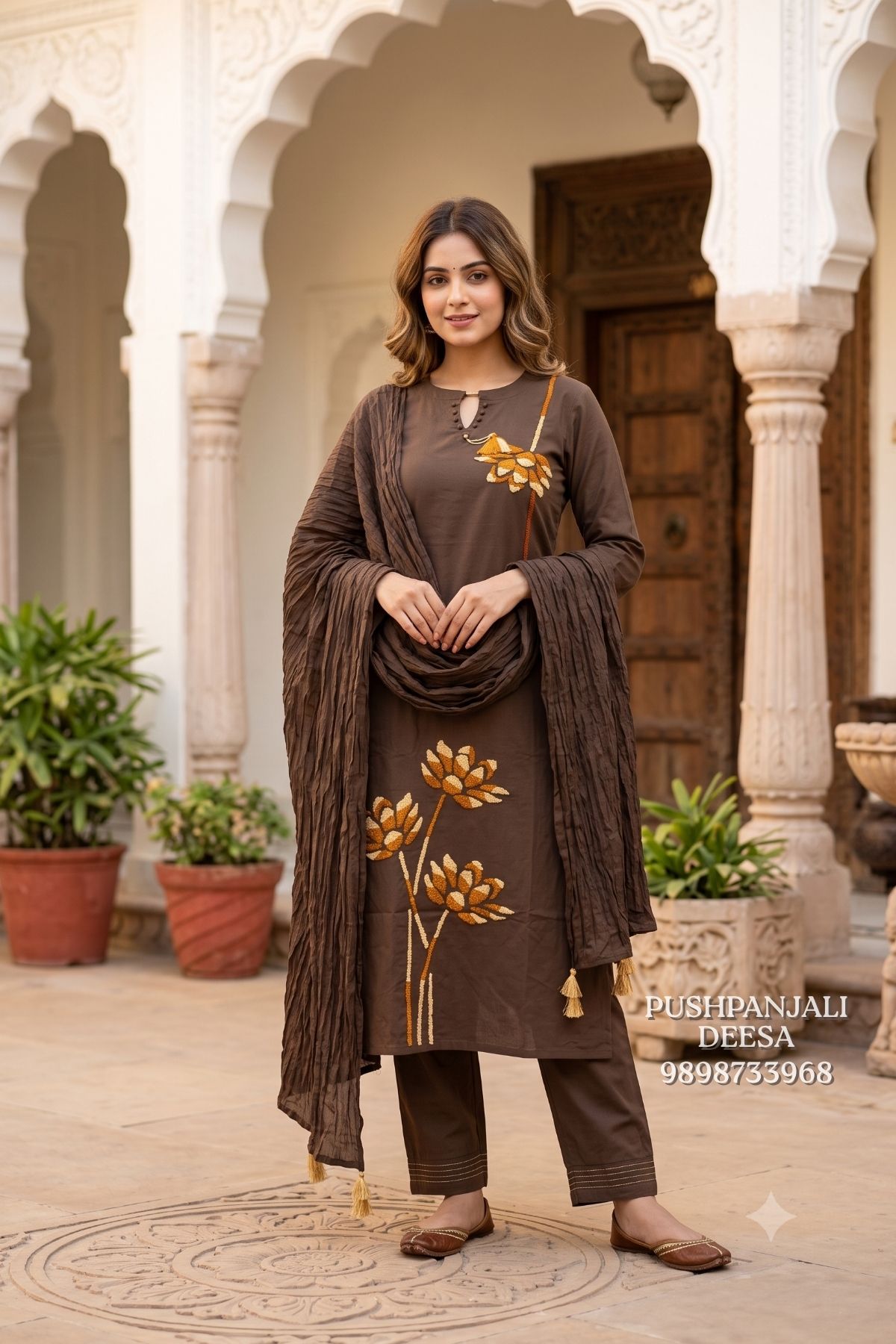 Chocolate Brown Floral Embroidered 3-Piece Suit Set
