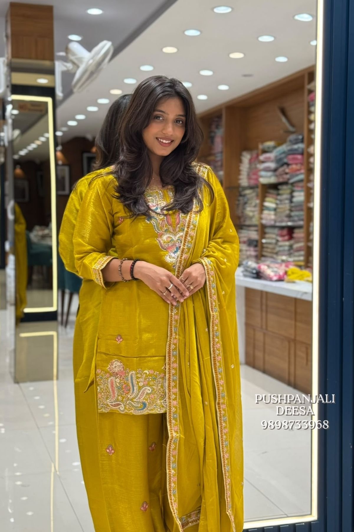 Mustard Yellow Chinon Shimmer Embroidered Suit Set - Image 2