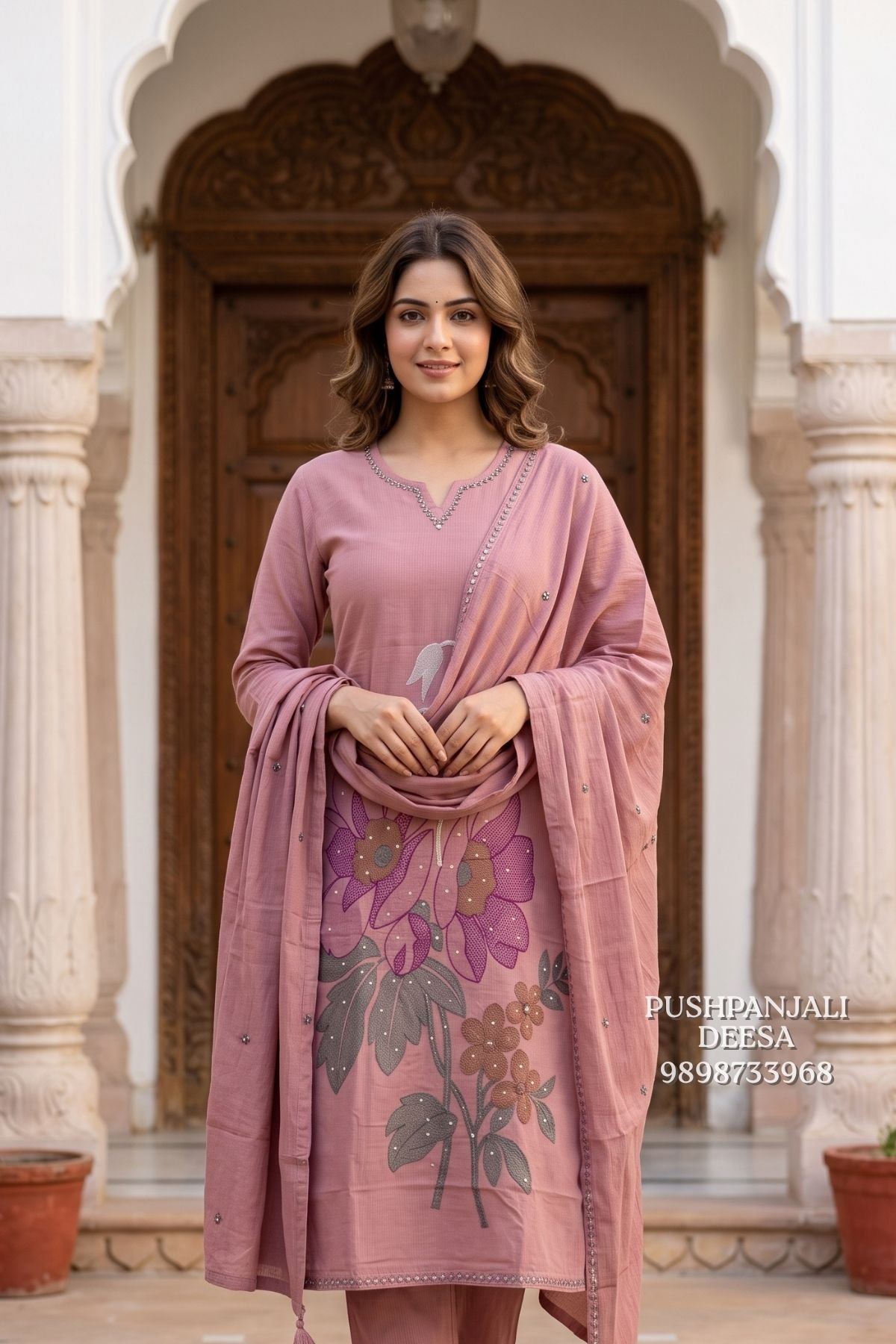 Dusty Pink Floral Printed 3-Piece Suit Set - Image 2