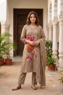 Beige Floral Embroidered 3-Piece Suit Set