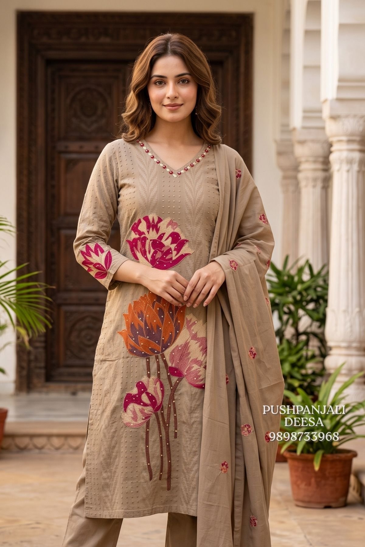 Beige Floral Embroidered 3-Piece Suit Set - Image 2