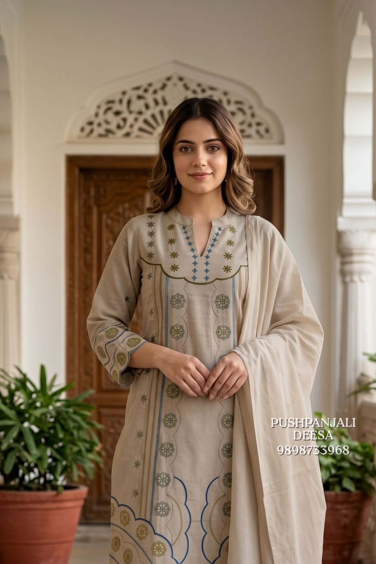 Beige Printed 3-Piece Suit Set - Image 2