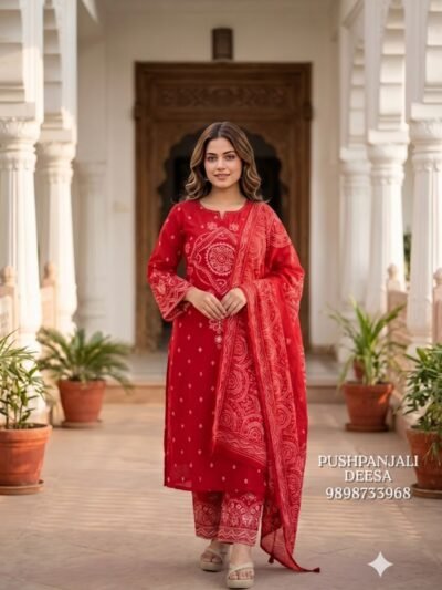 Red Pure Cotton Printed Suit Set