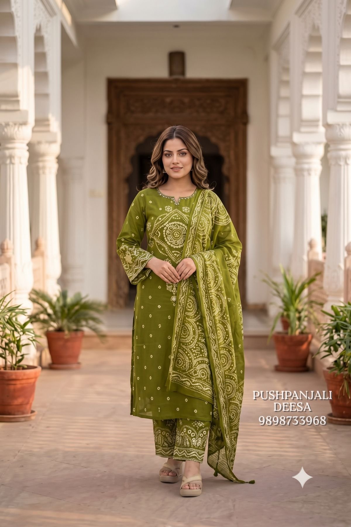 Olive Green Pure Cotton Printed Suit Set - Image 2