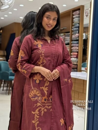 Wine Embroidered Kurta Set
