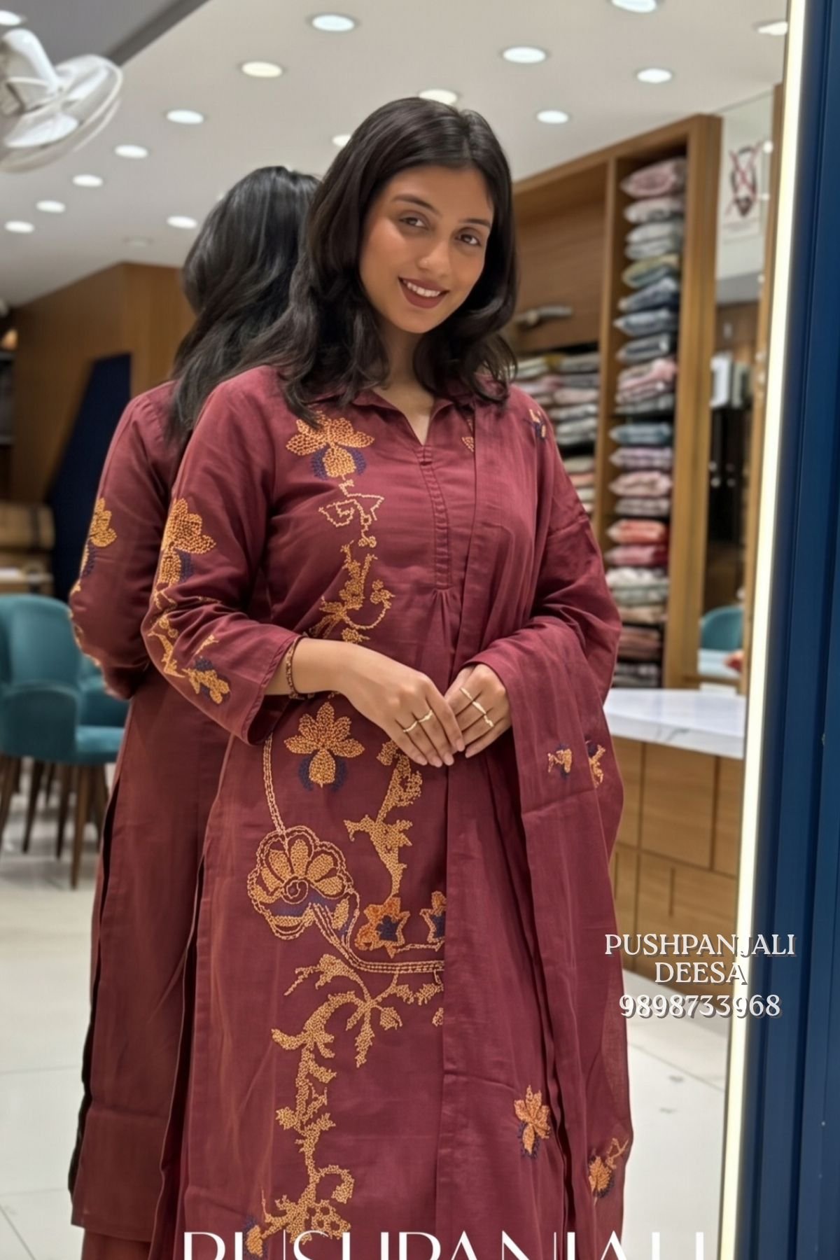 Wine Embroidered Kurta Set
