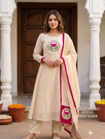 Cream & Pink Mul Chanderi Lotus Embroidered Suit Set