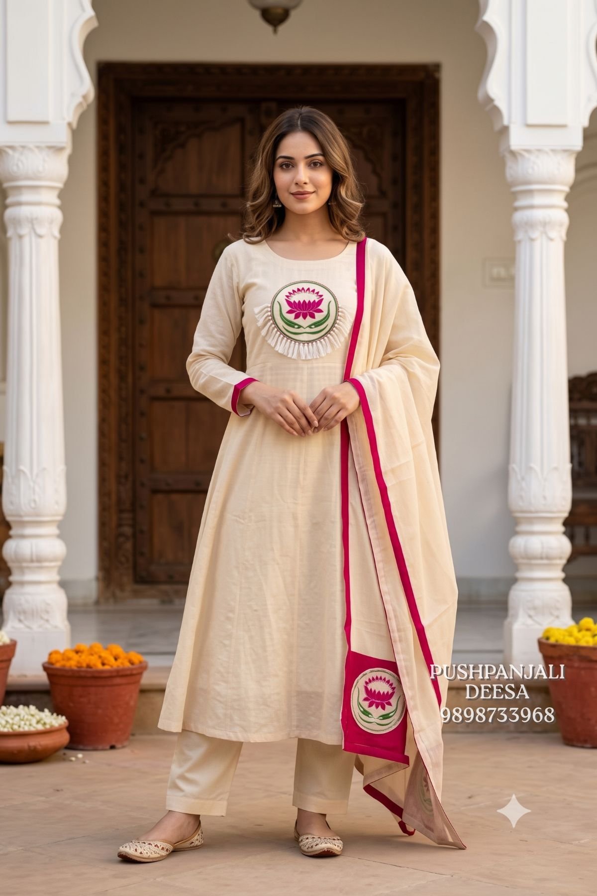 Cream & Pink Mul Chanderi Lotus Embroidered Suit Set