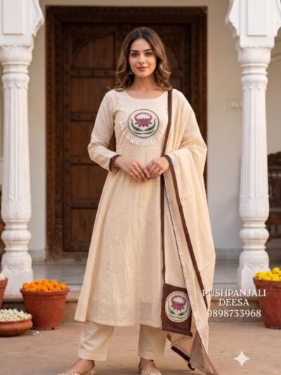 Cream Mul Chanderi Lotus Embroidered Suit Set