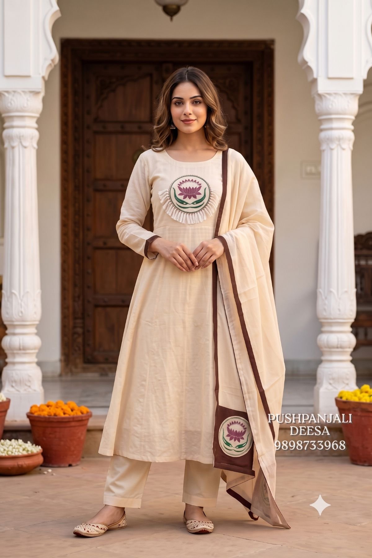 Cream Mul Chanderi Lotus Embroidered Suit Set