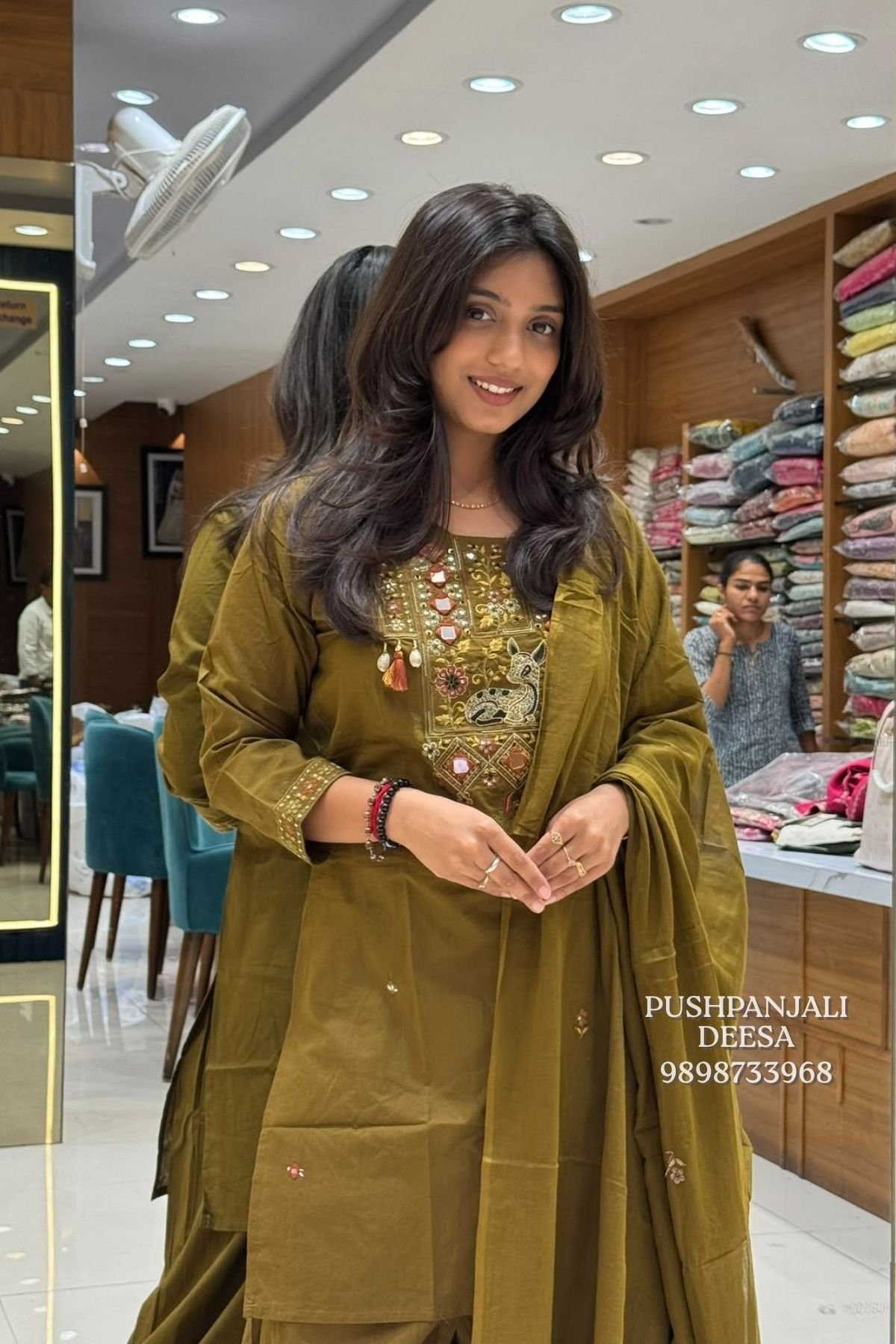 Olive Green Pure Cotton Embroidered Farshi Salwar Suit Set - Image 2