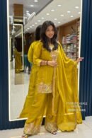 Mustard Yellow Chinon Shimmer Embroidered Suit Set