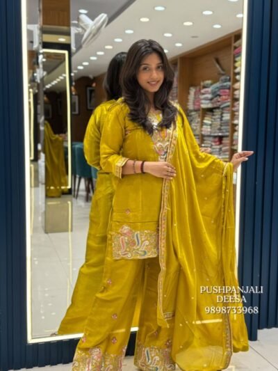 Mustard Yellow Chinon Shimmer Embroidered Suit Set