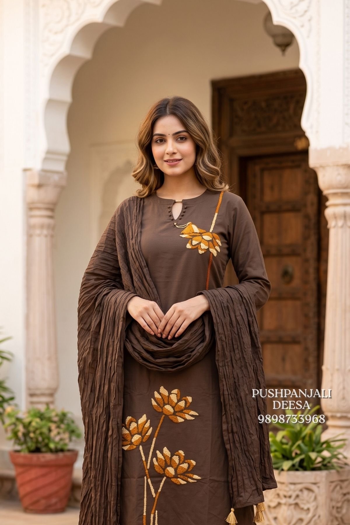 Chocolate Brown Floral Embroidered 3-Piece Suit Set - Image 2