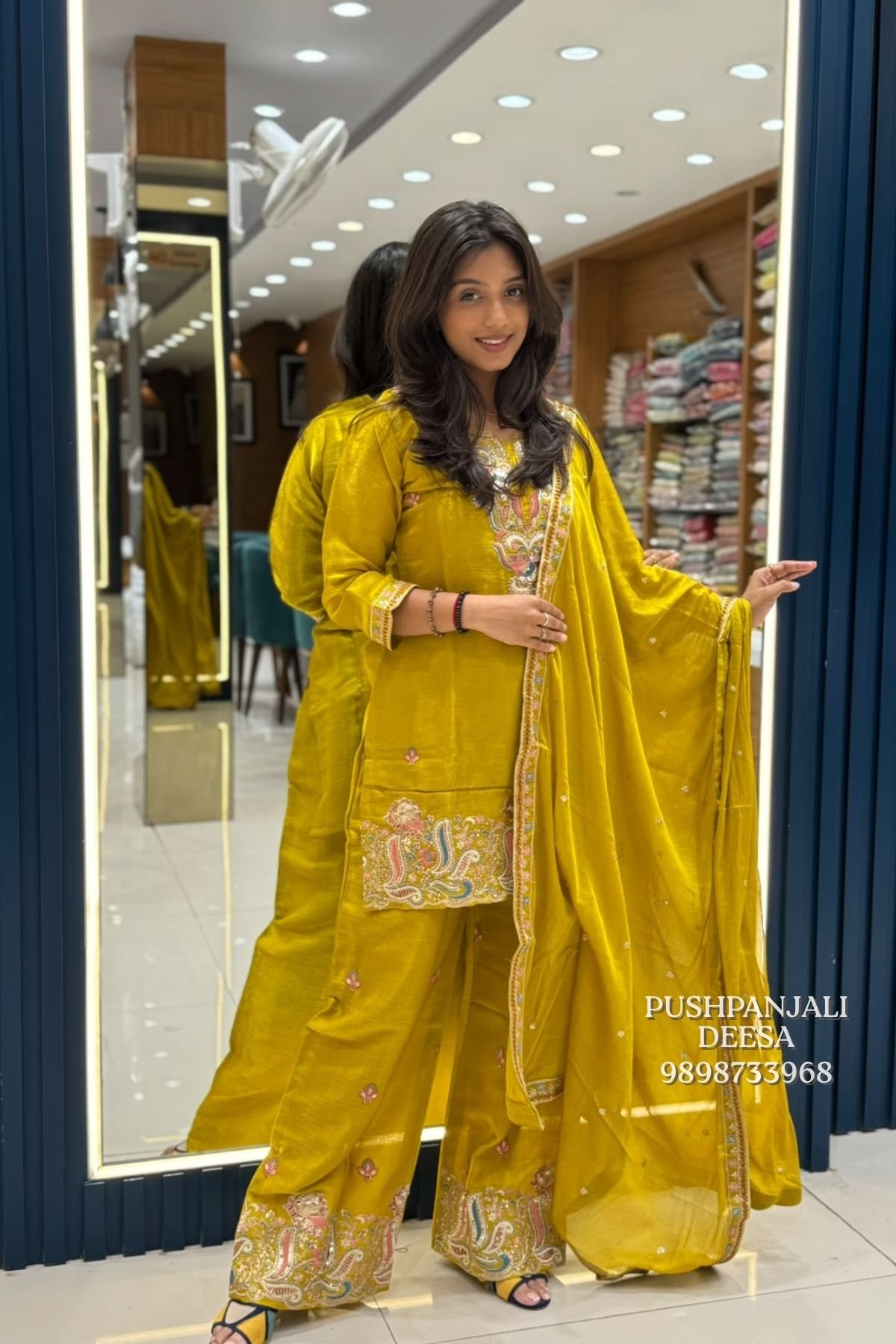 Mustard Yellow Chinon Shimmer Embroidered Suit Set
