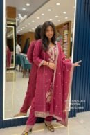 Wine Mul Chanderi Floral Embroidered Suit Set