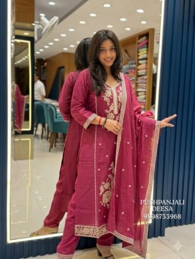 Wine Mul Chanderi Floral Embroidered Suit Set