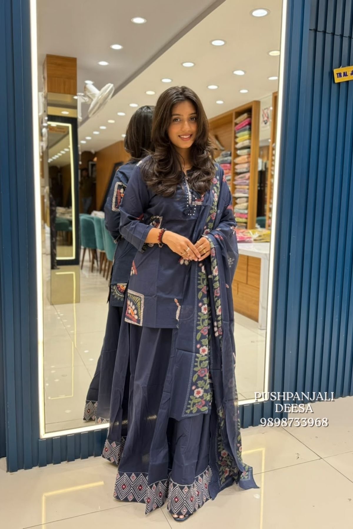 Navy Blue Pure Cotton Printed Skirt Set