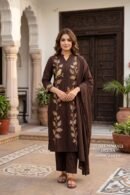 Chocolate Brown Pure Cotton Bird & Floral Embroidered Suit Set