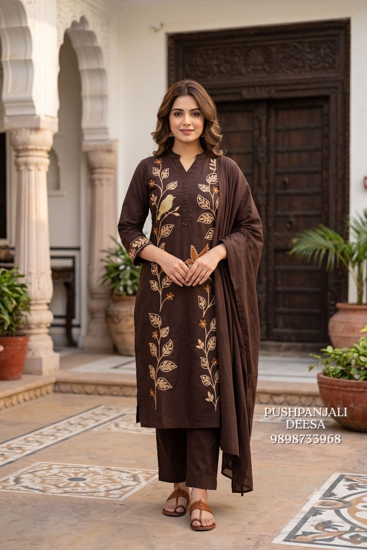 Chocolate Brown Pure Cotton Bird & Floral Embroidered Suit Set