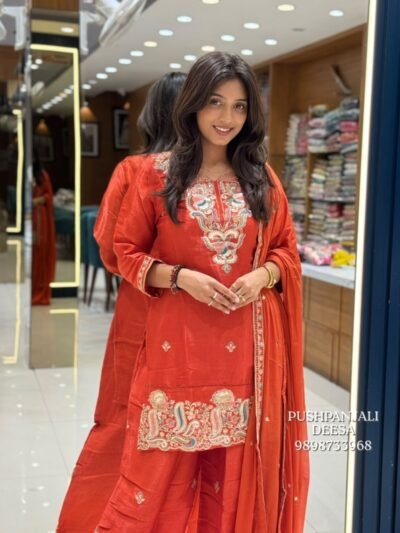 Rust Orange Chinon Shimmer Embroidered Suit Set