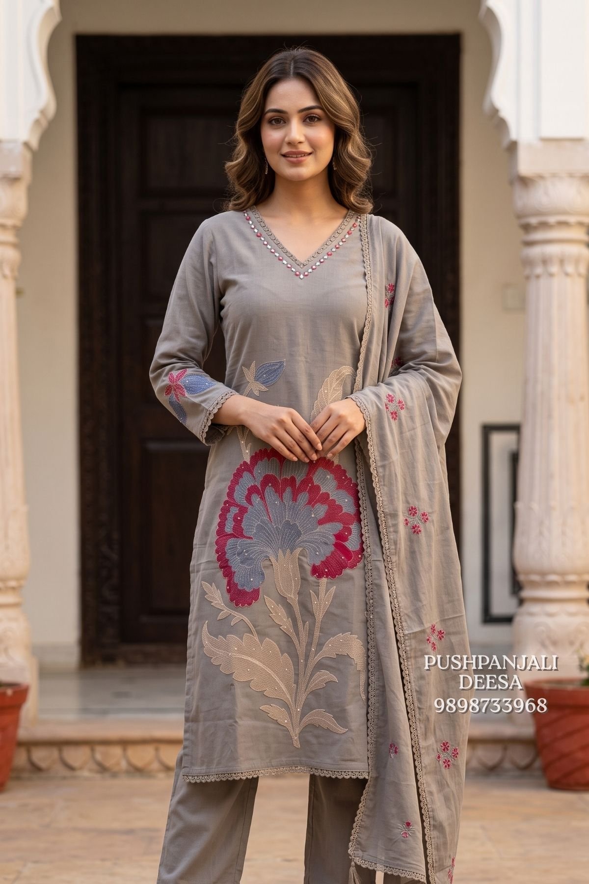 Grey Floral Embroidered 3-Piece Suit Set - Image 2