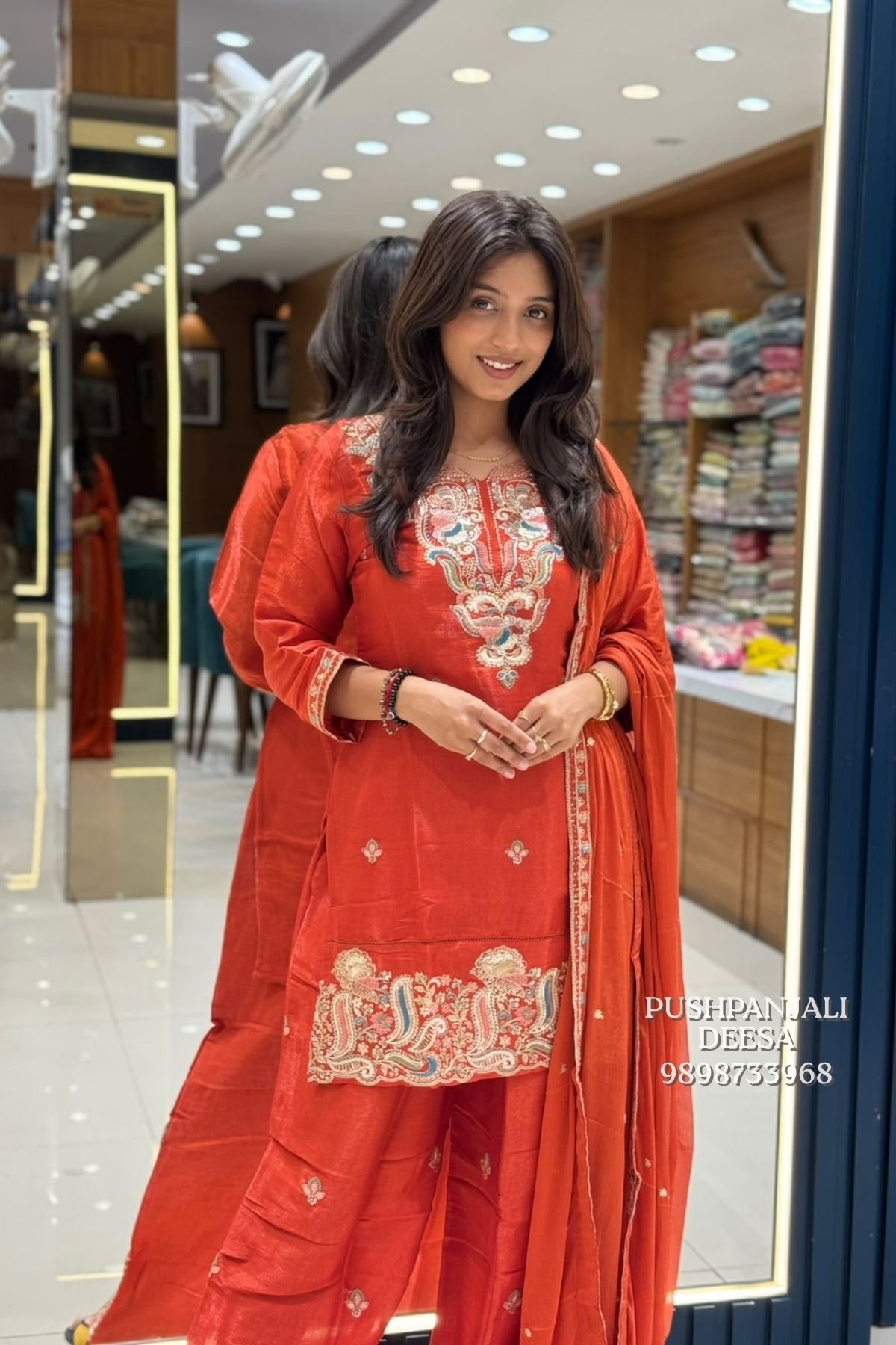 Rust Orange Chinon Shimmer Embroidered Suit Set