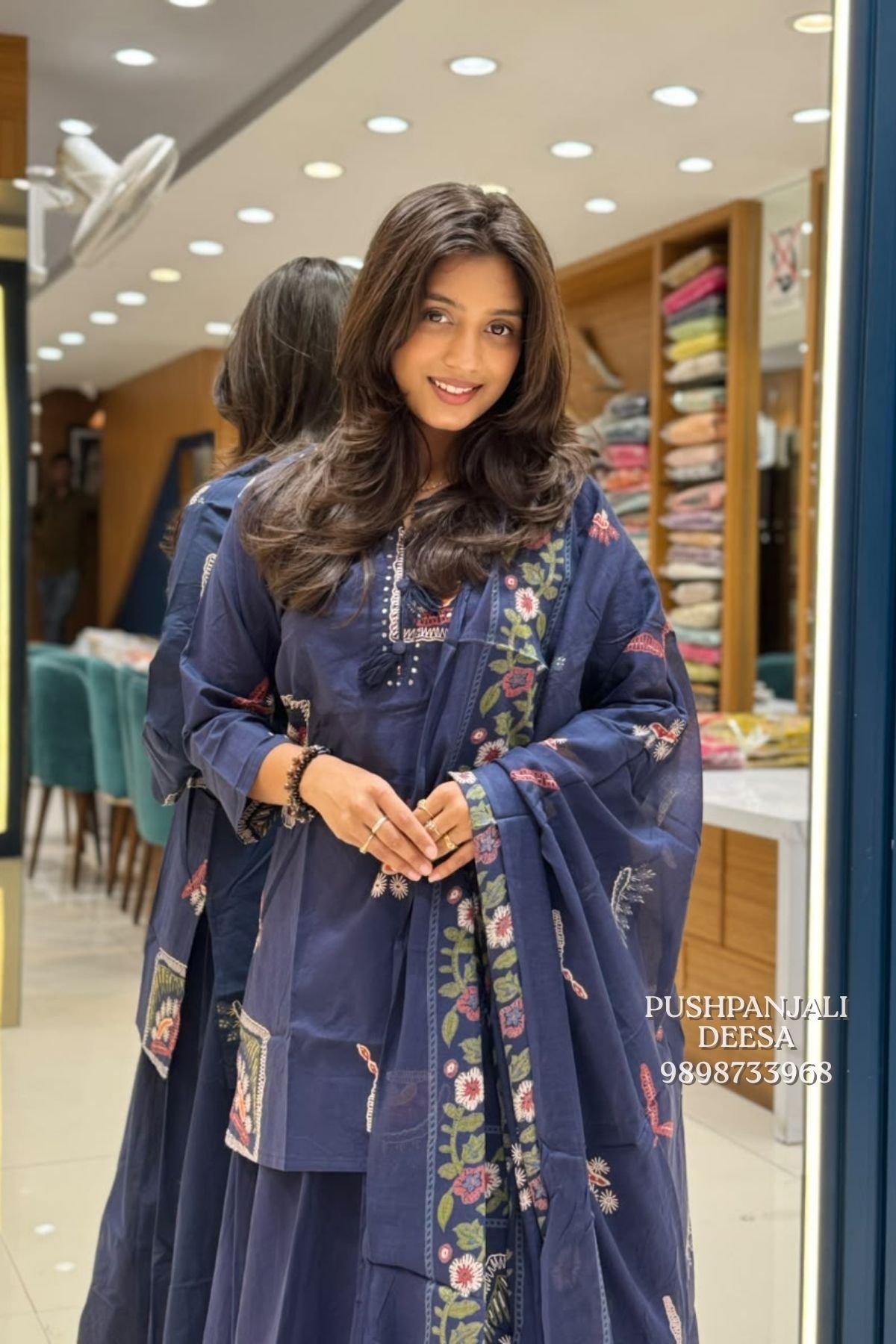 Navy Blue Pure Cotton Printed Skirt Set - Image 2