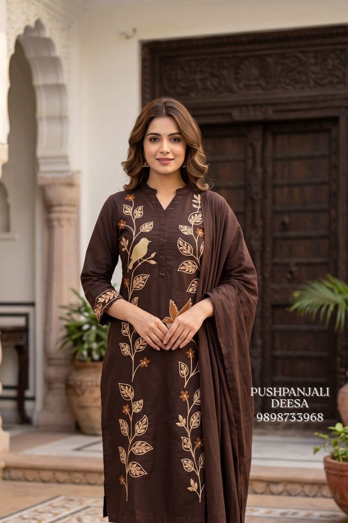 Chocolate Brown Pure Cotton Bird & Floral Embroidered Suit Set - Image 2