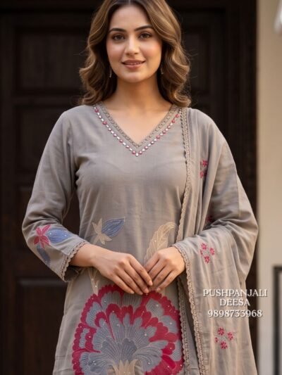 Grey Floral Embroidered 3-Piece Suit Set