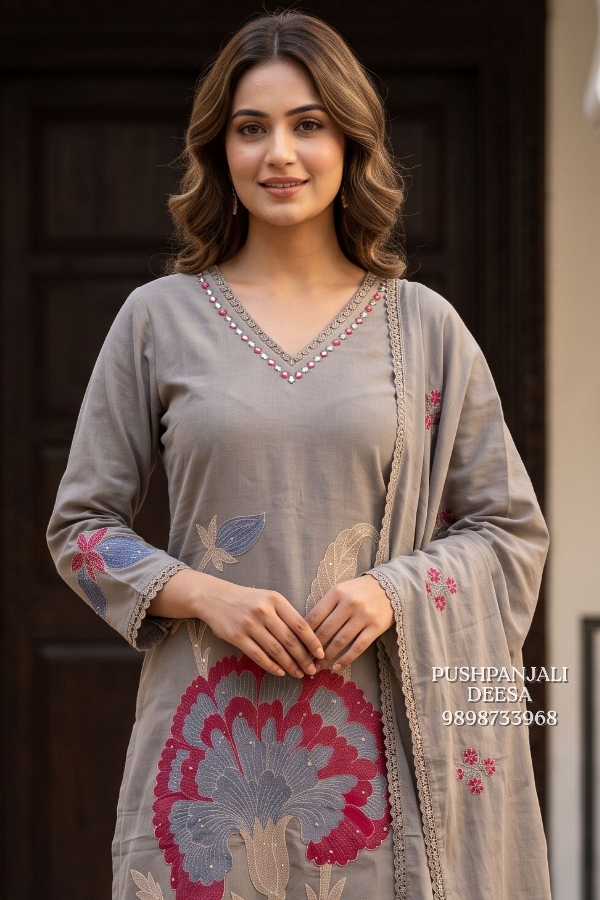 Grey Floral Embroidered 3-Piece Suit Set