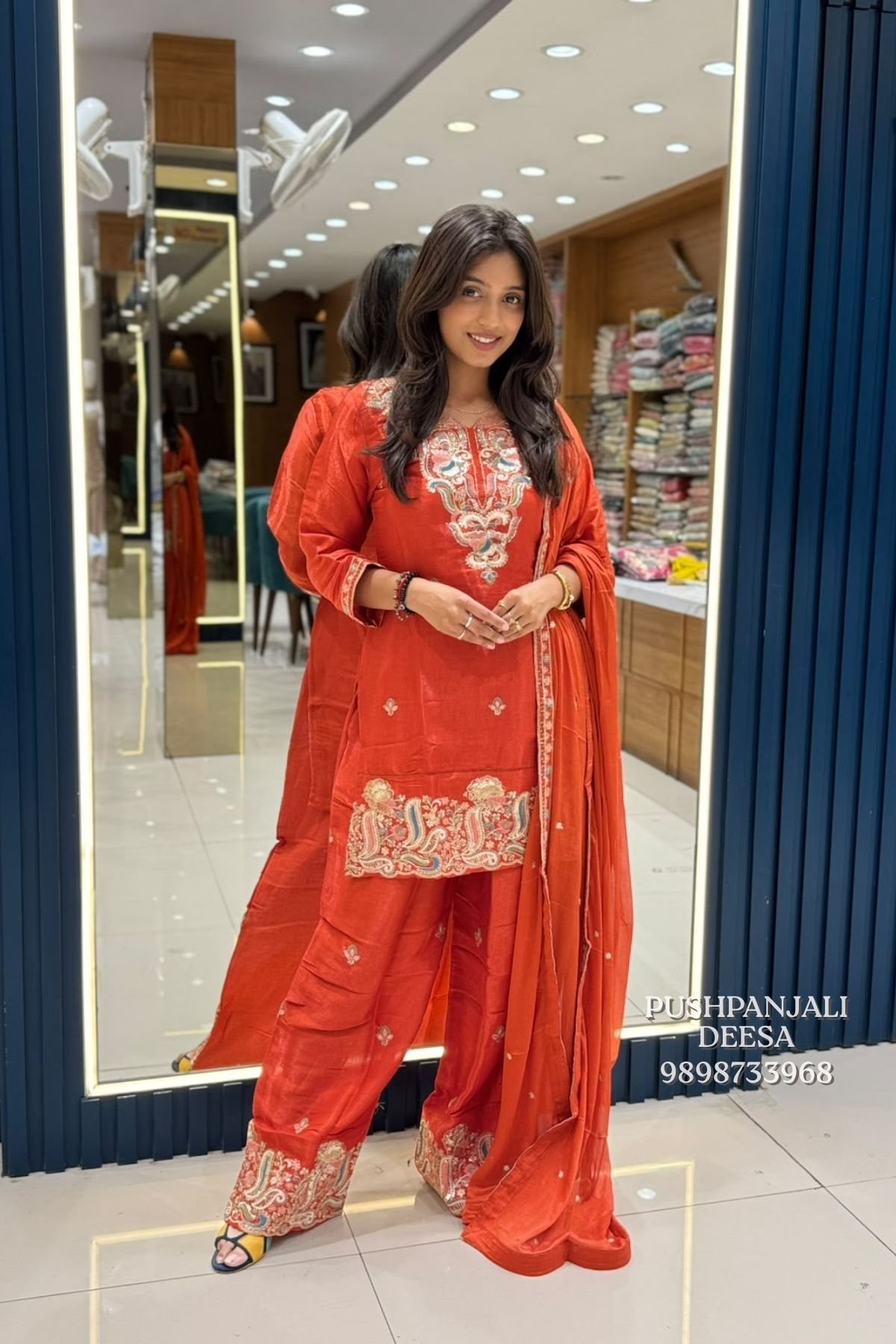 Rust Orange Chinon Shimmer Embroidered Suit Set - Image 2