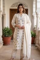 Off-White Pure Cotton Bird & Floral Embroidered Suit Set