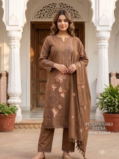 Brown Floral Embroidered 3-Piece Suit Set