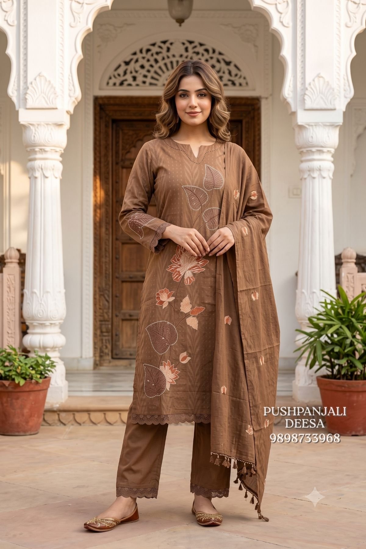 Brown Floral Embroidered 3-Piece Suit Set