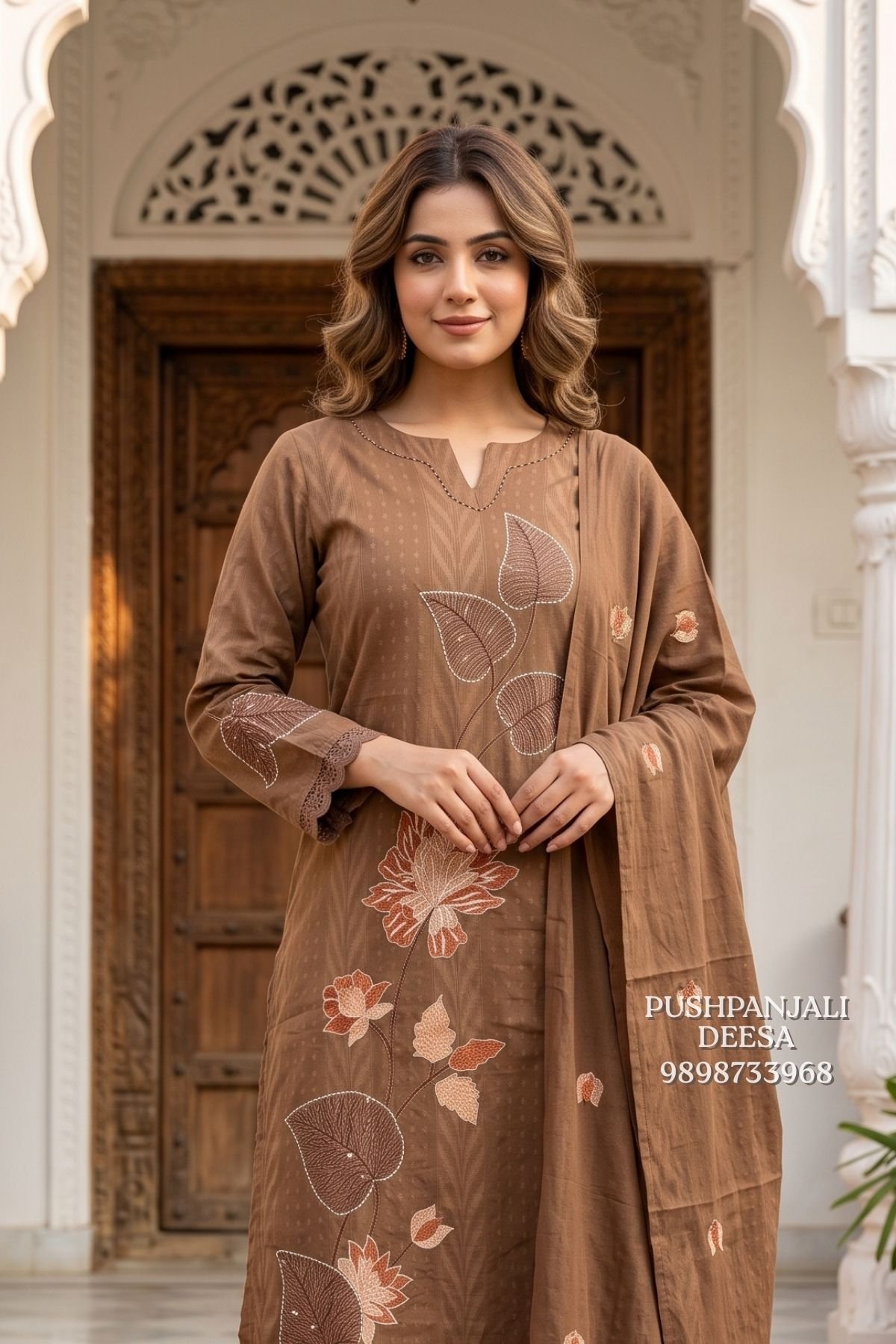 Brown Floral Embroidered 3-Piece Suit Set - Image 2