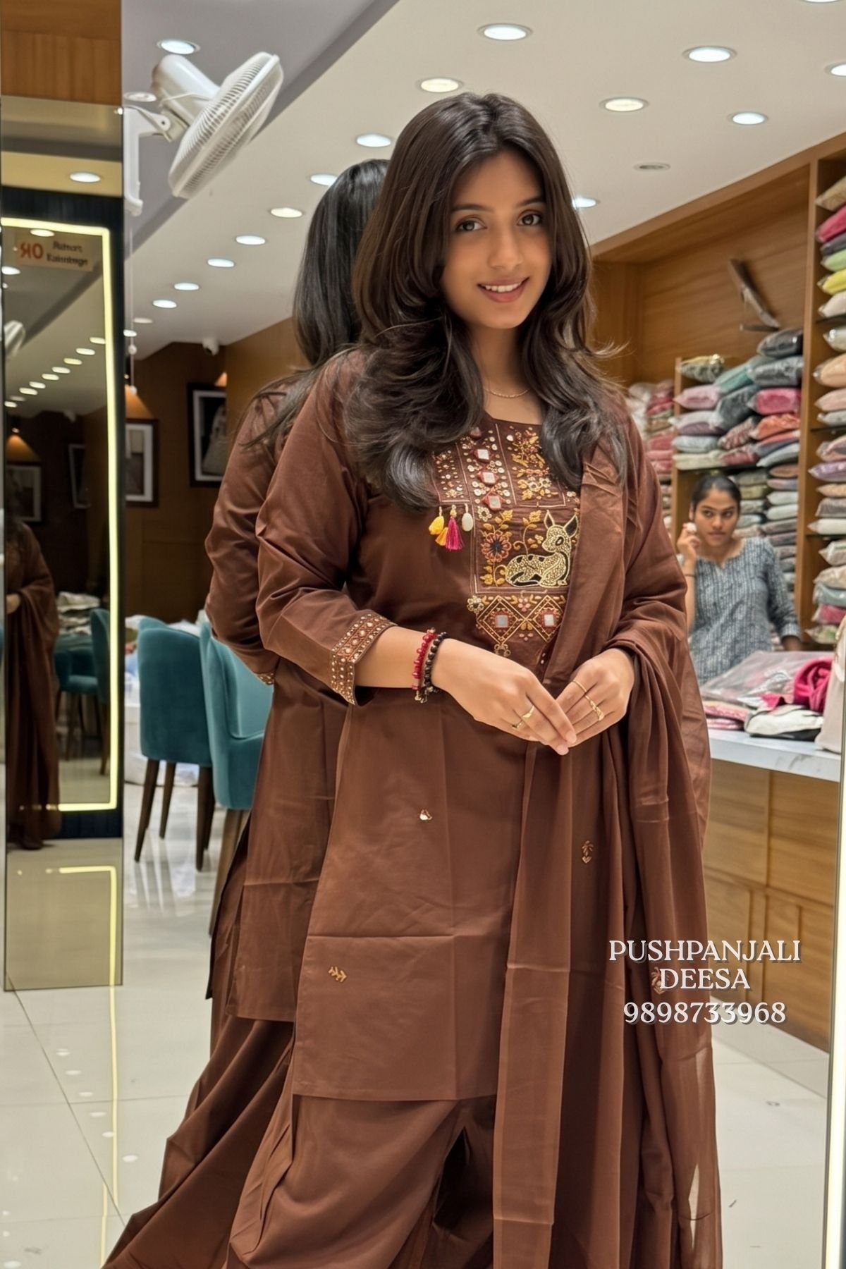 Chocolate Brown Pure Cotton Embroidered Farshi Salwar Suit Set - Image 2