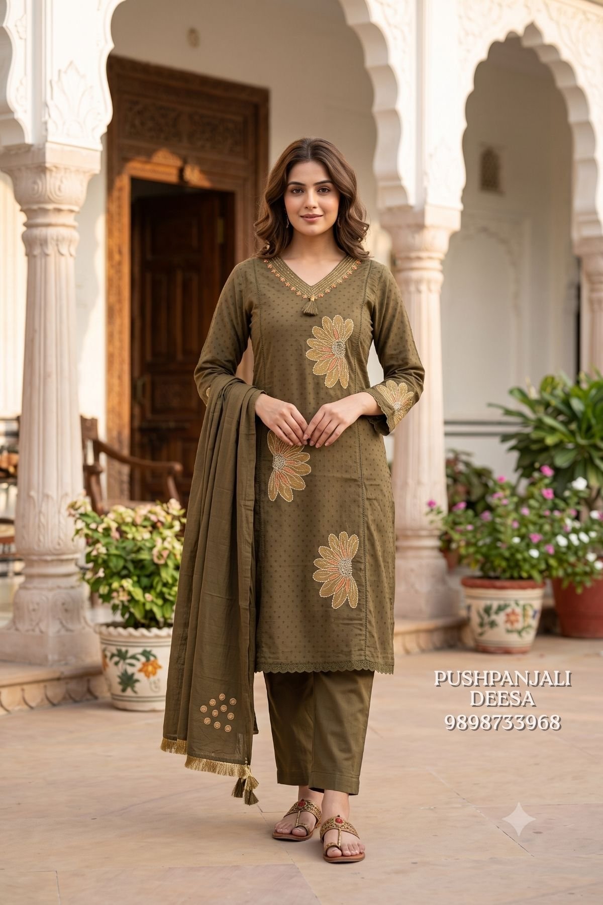 Olive Green Floral Embroidered 3-Piece Suit Set