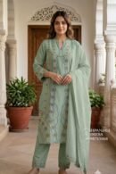 Sage Green Printed & Embroidered 3-Piece Suit Set