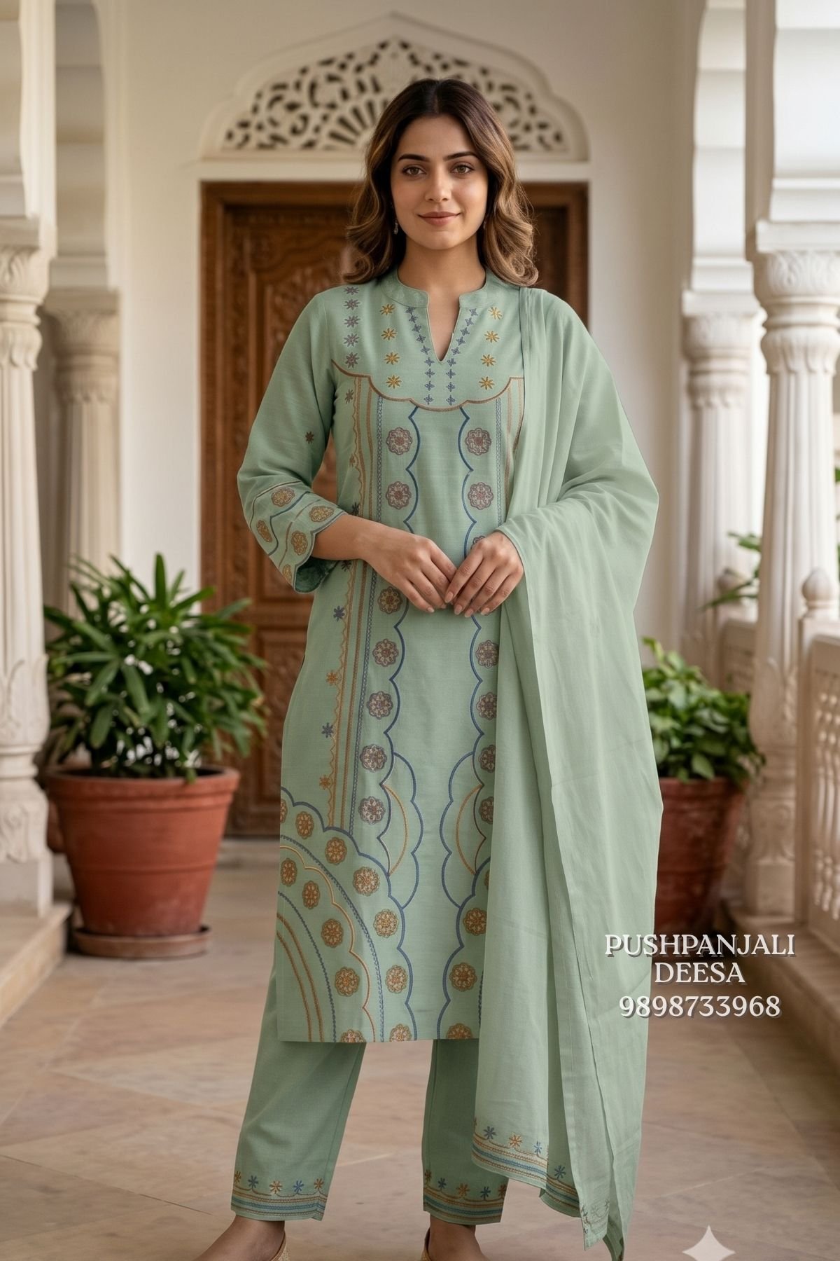 Sage Green Printed & Embroidered 3-Piece Suit Set