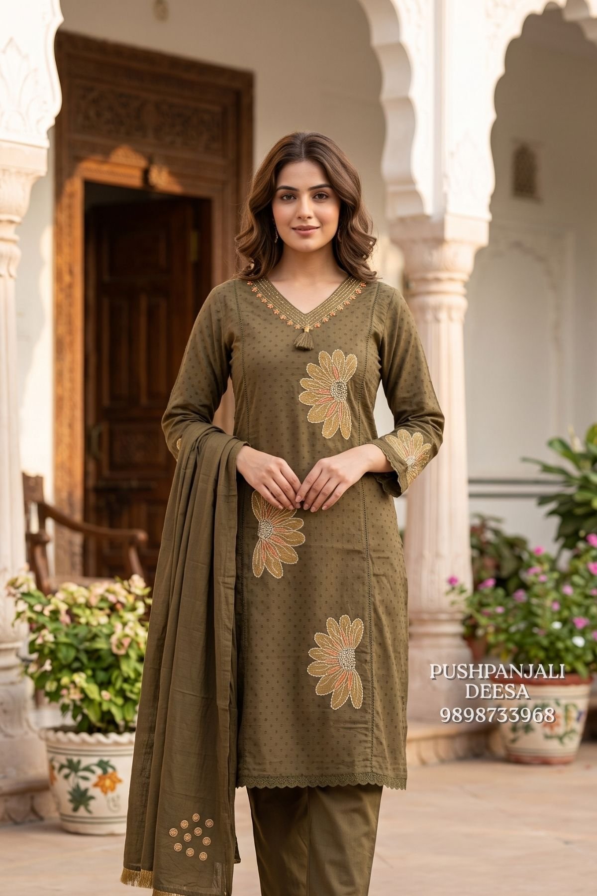 Olive Green Floral Embroidered 3-Piece Suit Set - Image 2