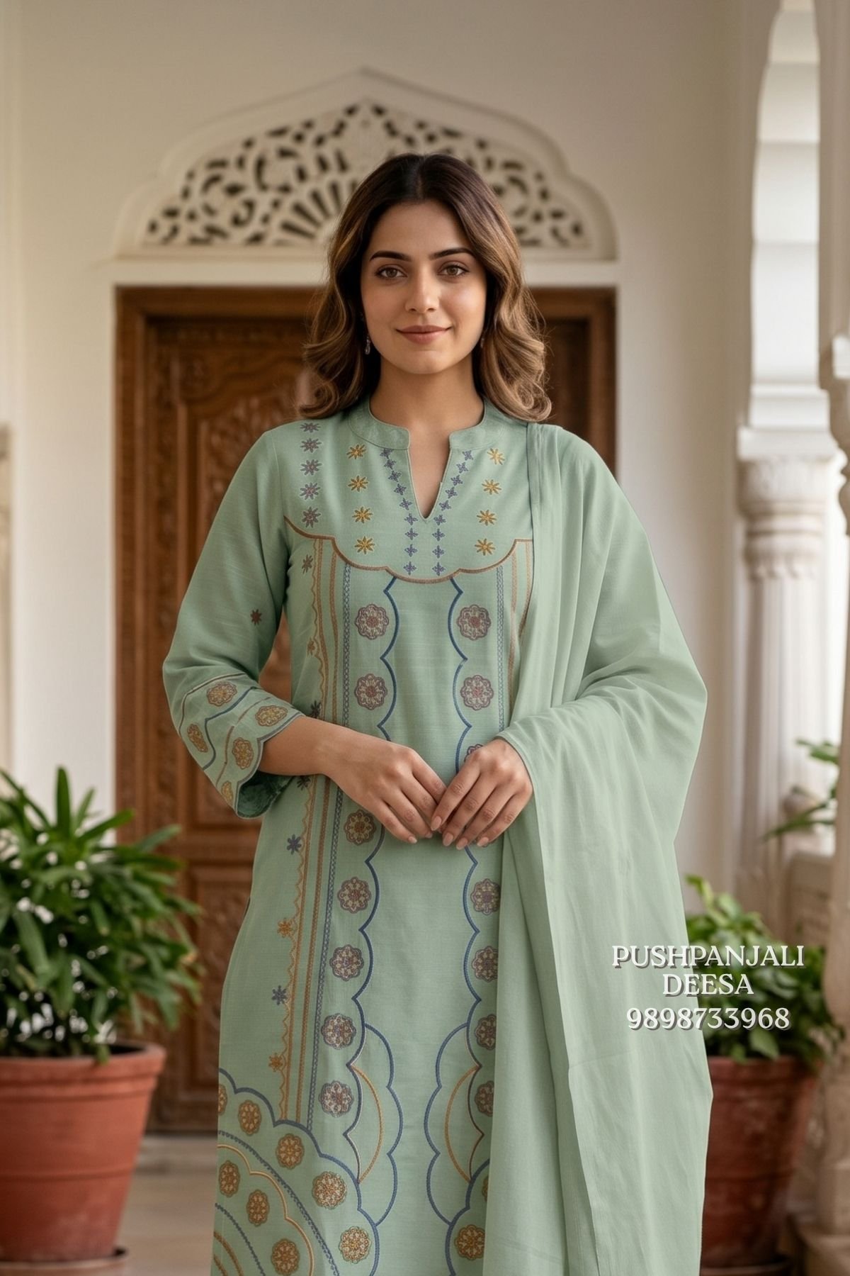 Sage Green Printed & Embroidered 3-Piece Suit Set - Image 2